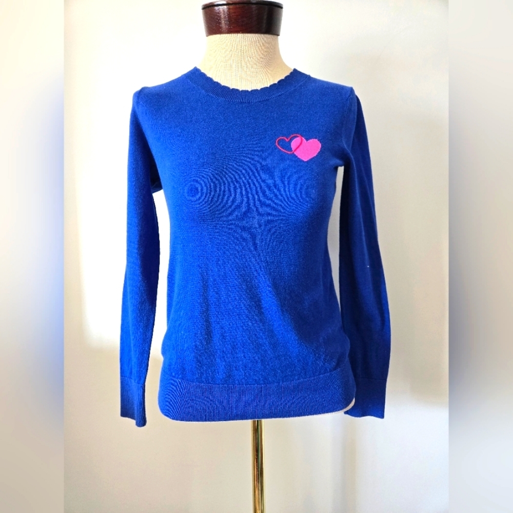 Banana Republic Factory Blue Cotton Sweater with Pink Heart Detail. Size XS